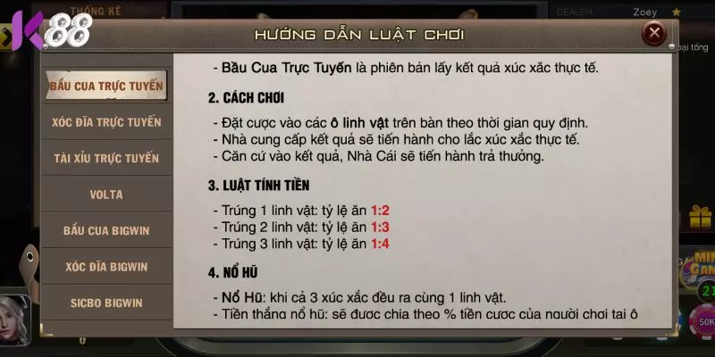 Hướng dẫn chơi bầu cua Live tại K88